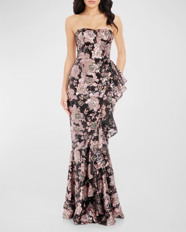 Carmen Marc Valvo Infusion V Neck 3 4 Sleeve Small 3D Petal Embellished Gown Neiman Marcus