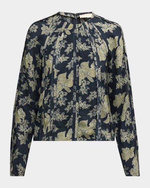 Cynthia Rowley Roseland Printed Smocked Ruffle Neck Long Sleeve Blouse Neiman Marcus