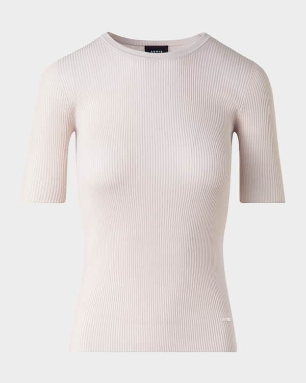 Akris punto Crochet Stripe Rib Knit Short Sleeve Sweater