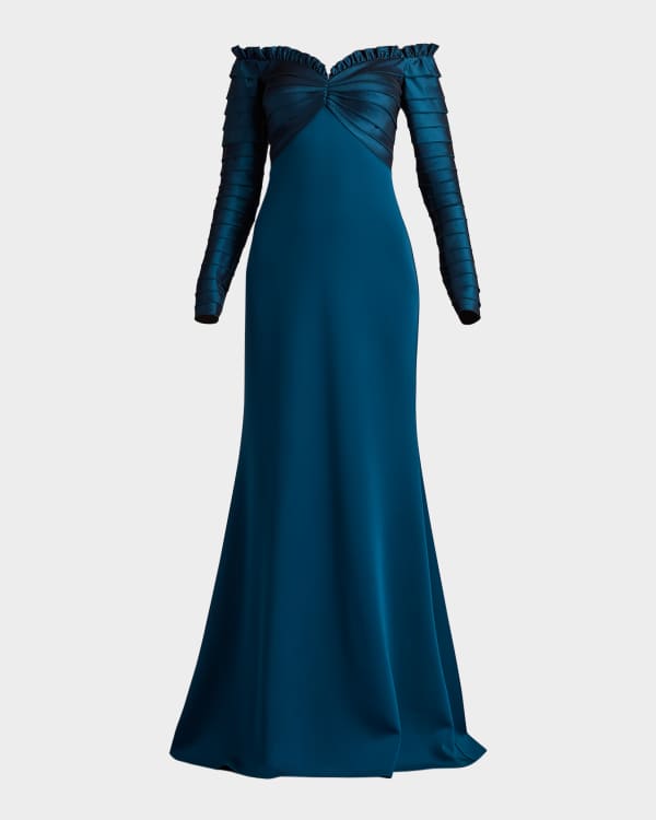 Tadashi Shoji Off-Shoulder A-Line Crepe & Taffeta Gown | Neiman Marcus