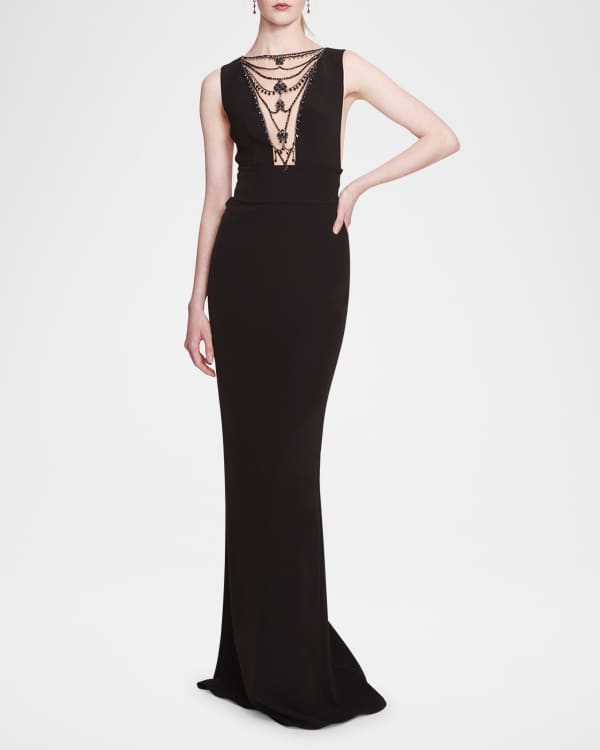 Marchesa Notte V Neck Long Sleeve Metallic Embroidered Gown w 3D Leaflets Neiman Marcus
