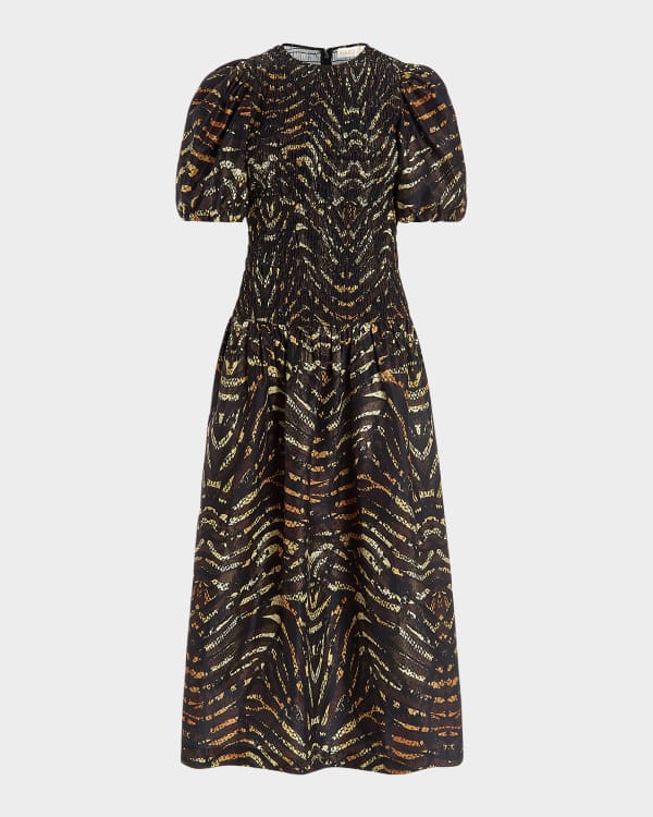 Shoshanna Eden Striped Split Neck Smocked Midi Dress Neiman Marcus