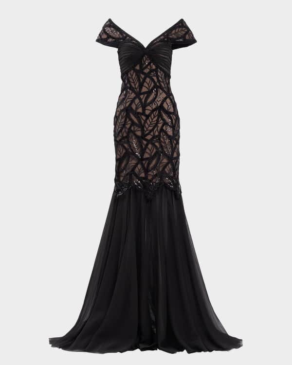 Tadashi Shoji Bracelet Sleeve Embroidered Sequin Lace Gown Neiman Marcus