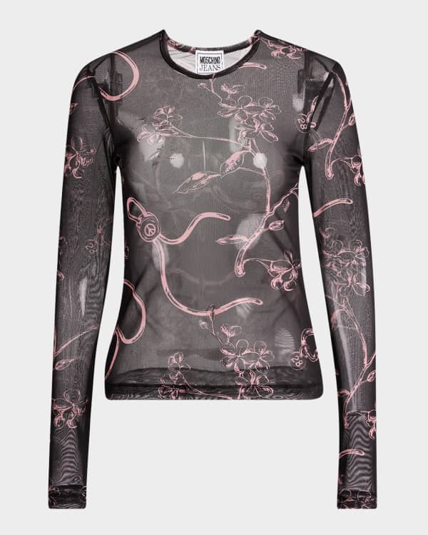 Alice + Olivia Lip Sync Delaina Long-Sleeve Mesh Cropped Top