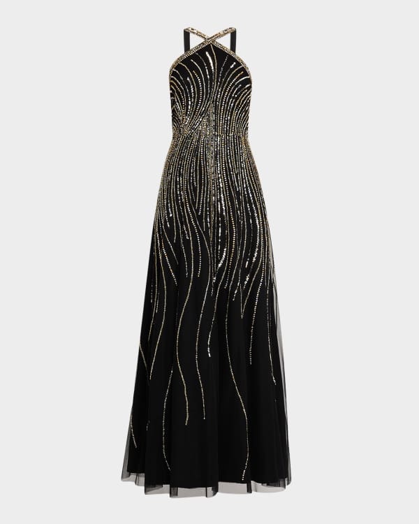 Aidan Mattox Beaded Short Sleeve Ball Gown Neiman Marcus