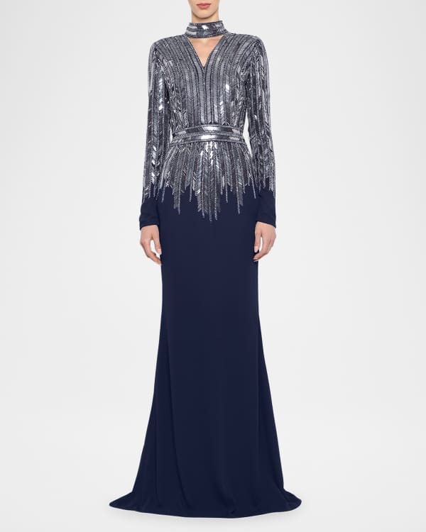 Carmen Marc Valvo Infusion Sequin Embroidered Cap Sleeve Gown Neiman Marcus
