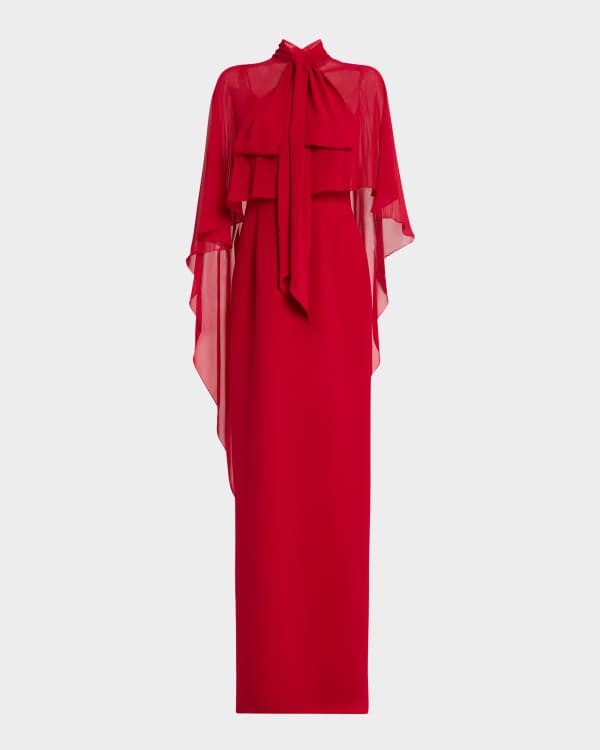 Tadashi Shoji Pleated Long-Sleeve Ruffle Crepe Gown | Neiman