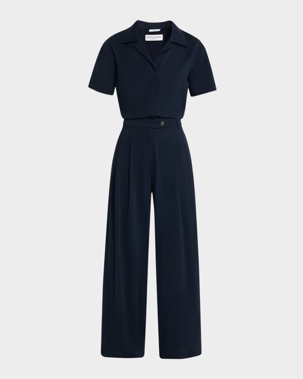 Alice Olivia Audrie Pleated Jumpsuit with Deep V Neck Neiman Marcus