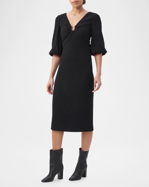 Shoshanna Eden Striped Split Neck Smocked Midi Dress Neiman Marcus