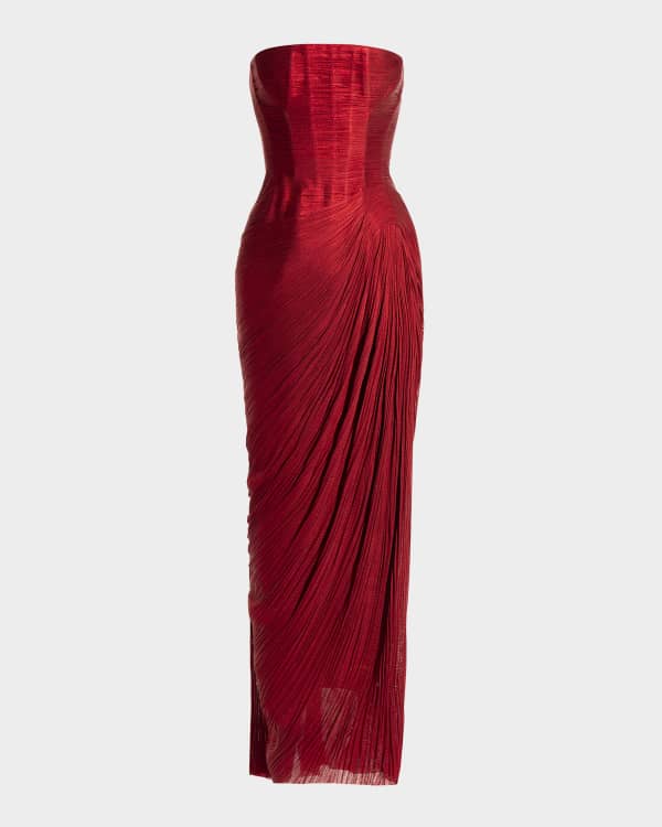 Maria Lucia Hohan Ruby Metallic Plisse Strapless Corset Slit Hem Midi Dress Neiman Marcus