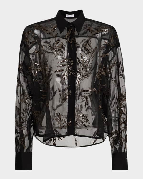 Simone Rocha Sheer Fitted Ballet Mesh Crystal Flowers Top