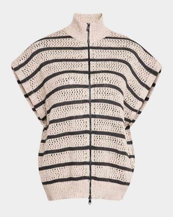 Brunello Cucinelli Silk-Linen 3D Diamond Net V-Neck Zip