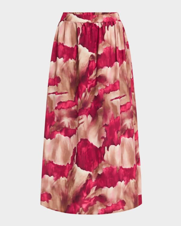 Misook Pleated Watercolor-Print A-Line Maxi Skirt | Neiman Marcus