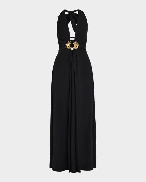 Basix Pleated Deep V Neck Gown Neiman Marcus