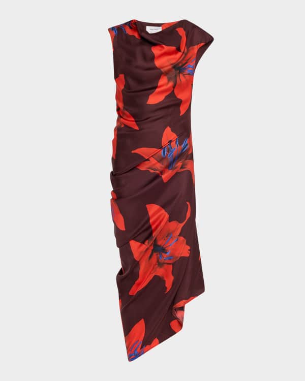 McQueen Asymmetric Draped Midi Day Dress | Neiman Marcus