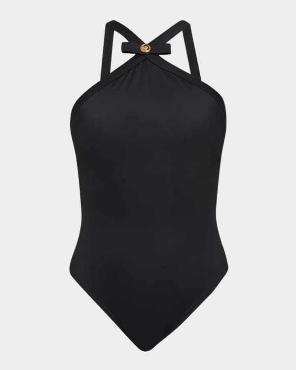 Versace Square-Neck Greca-Strap One-Piece Swimsuit | Neiman