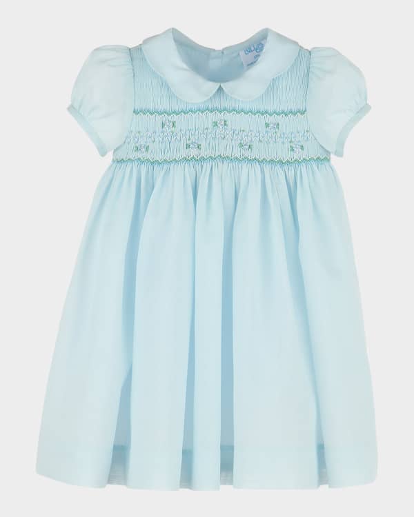 Luli & Me Baby Girls Classic White BIshop Dress - Bloomers & Bonnet - Smocked in Blue