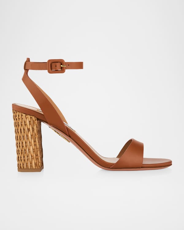 Aquazzura Sunseeker Wicker and Leather Block-Heel Sandals | Neiman