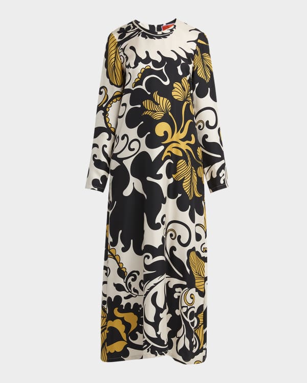 La DoubleJ Abstract-Print Short-Sleeve Feather-Trim Maxi Swing Dress |  Neiman Marcus