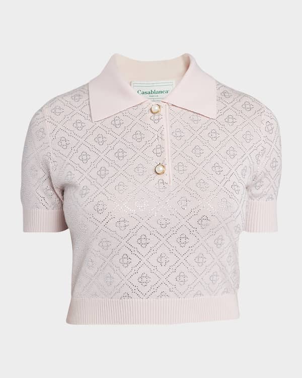 CASABLANCA Wave Crochet Short-Sleeve Crop Polo Top | Neiman Marcus
