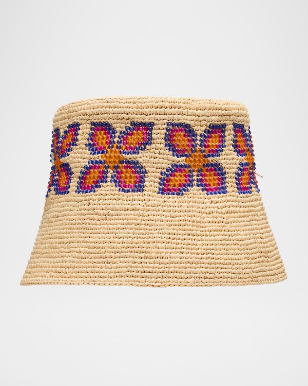 NEW MAISON MICHEL pablo denim patchwork crochet hat in blue multi MAISON MICHEL Pablo Denim Patchwork Crochet Hat In Blue  main image 2