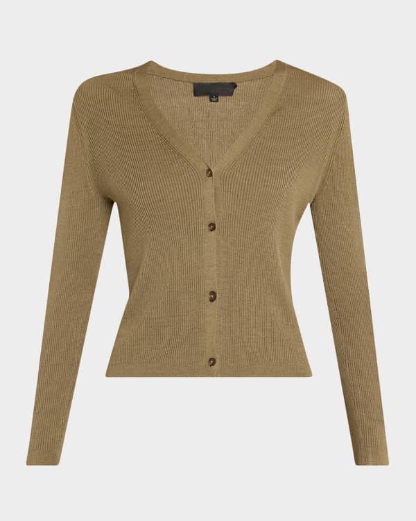 Theory Textured Cotton Rib Fitted V-Neck Cardigan | Neiman