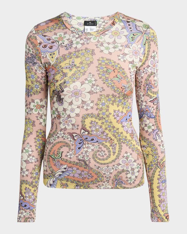 Etro Garden Paisley Mesh Long-Sleeve Top | Neiman Marcus