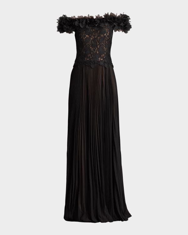 Tadashi Shoji Floral Lace & Pleated Chiffon Gown | Neiman Marcus