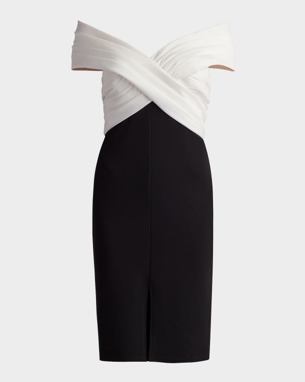 Tadashi Shoji Off-Shoulder Pleated Bow-Front Midi Dress