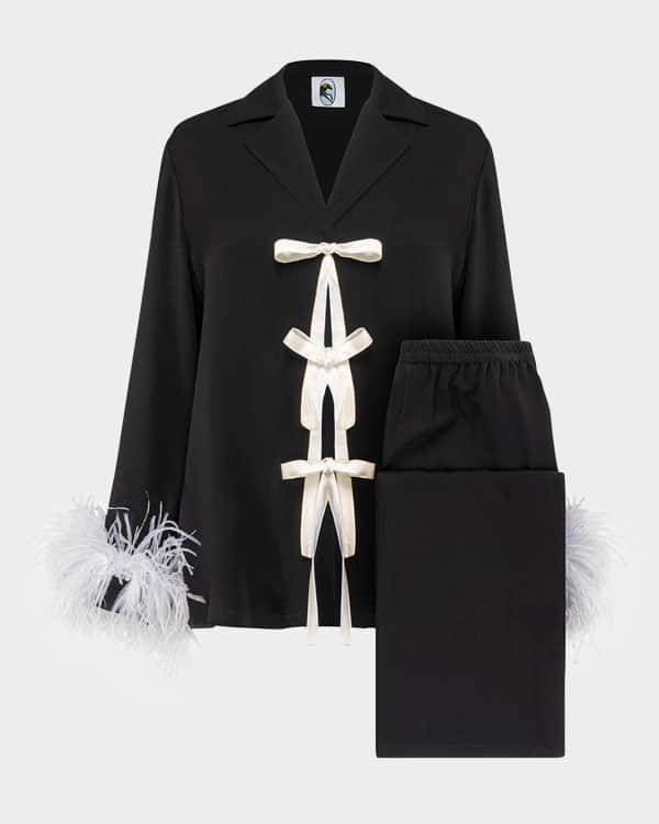 Sleeper Cosmos Cropped Feather-Trim Metallic Pajama Set
