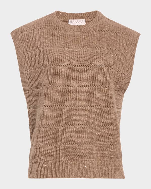 Brunello Cucinelli Linen Paillette Crochet Striped V-Neck