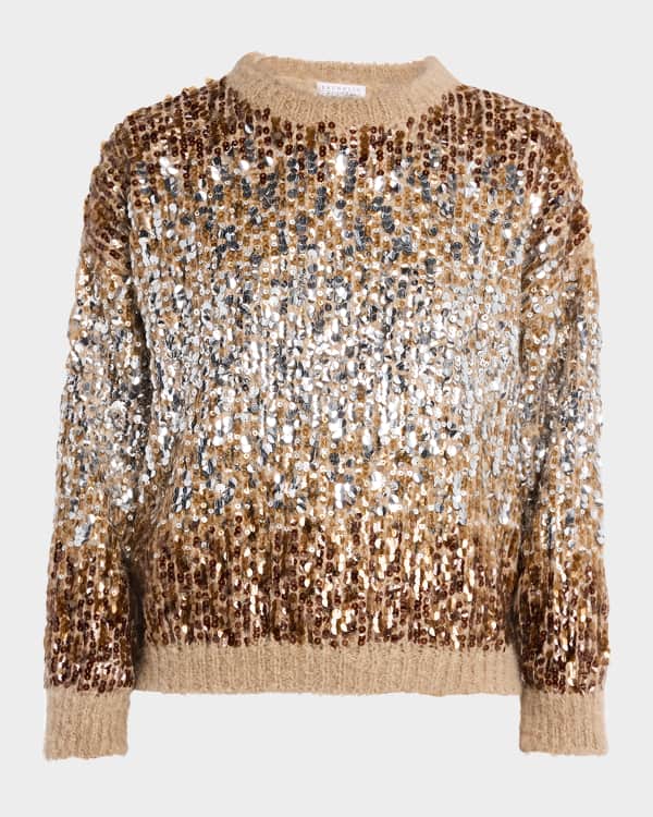 【関税&送料込】Brunello Cucinelli Sequinned Knit Long Glove Brunello Cucinelli Paillette Waffle Knit Sweater w/ Monili