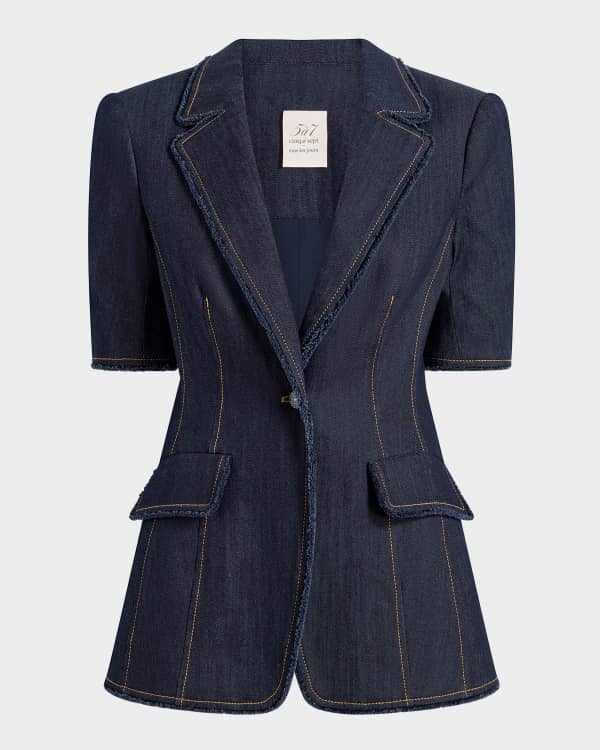 Alice + Olivia Macey Denim Notch-Collar Fitted Blazer