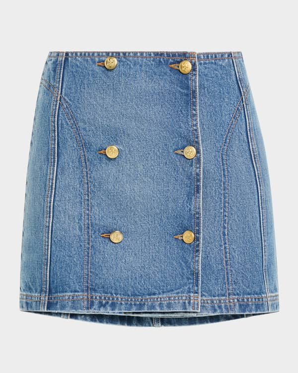 Ganni Foiled Leopard-Print Denim Skirt | Neiman Marcus