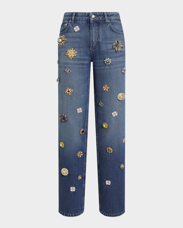Dolce&Gabbana Crystal Embellished Straight-Leg Jeans | Neiman Marcus