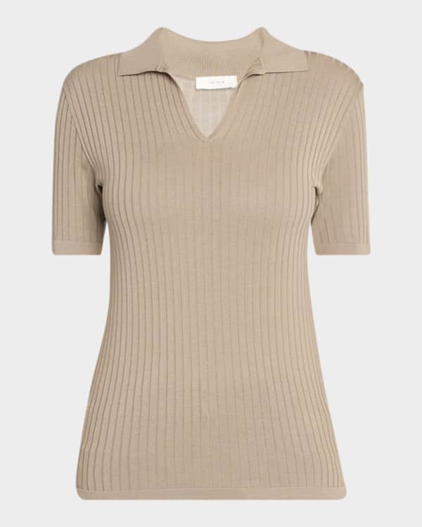 Akris punto Crochet Stripe Rib Knit Short Sleeve Sweater