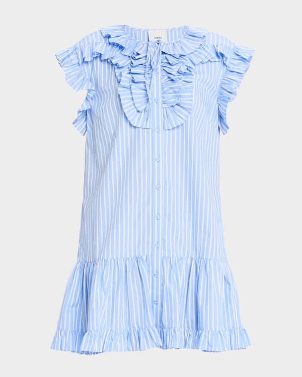 blue plus size midi dress Jet Stream Linen Embroidery Split Neck Pom Pom Ruffle Sleeves Flowy Short Dress main image 0