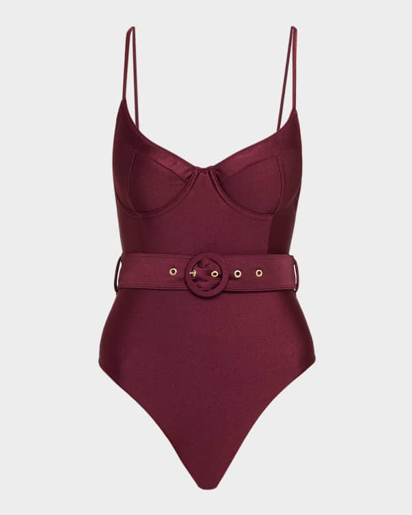 【I AM MARI】Trilly Bustier Slit One Piece SIMKHAI Noa Belted Bustier One Piece Swimsuit in Sangria