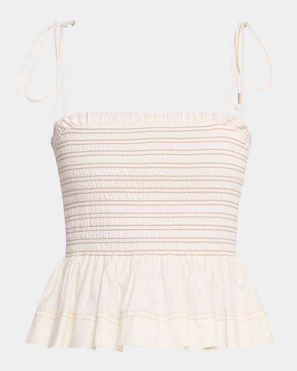 【BAON】24SS★ [BAONHAUS] Mundice Layered N/S Shirring OP Nanushka Mariz Woven Fringe Seersucker Top | Neiman Marcus