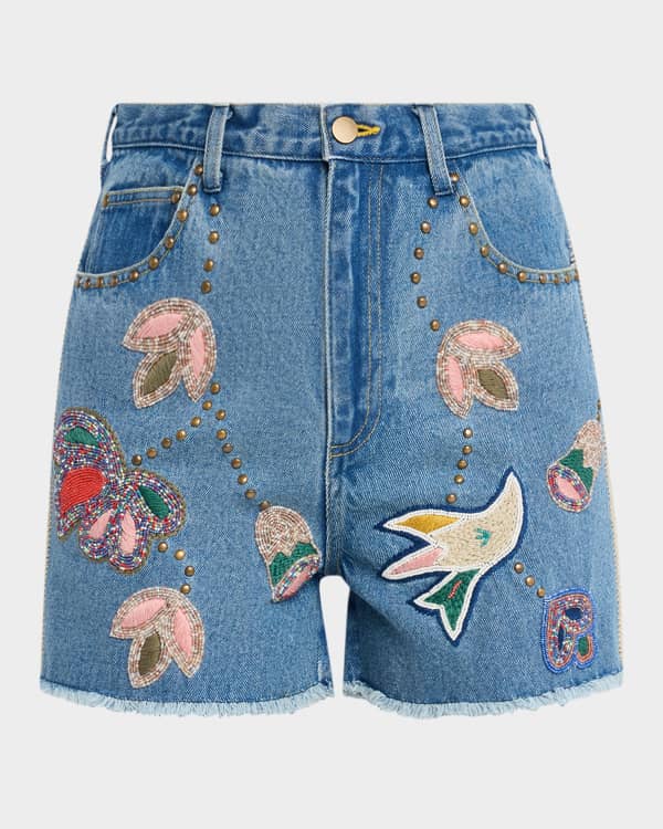 Cinq a Sept Crystal Double-Waistband Denim Shorts | Neiman