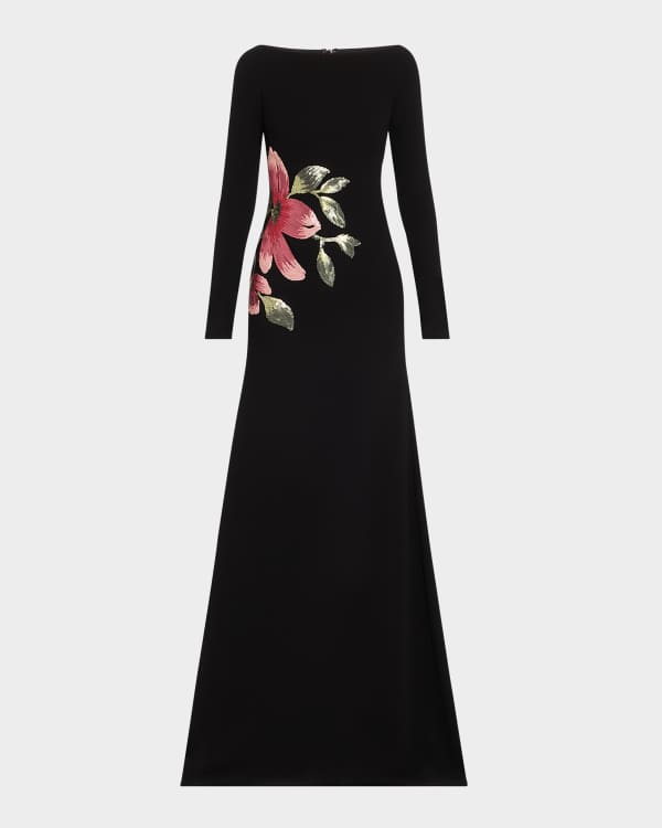 Floral Embroidered Long-Sleeve Illusion Gown