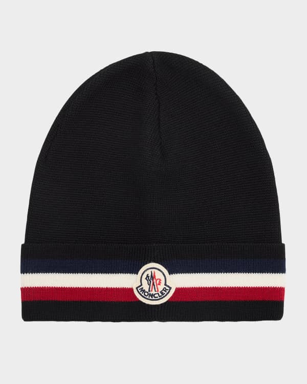 Moncler Men's Cashmere Rib Leather-Logo Beanie Hat | Neiman Marcus