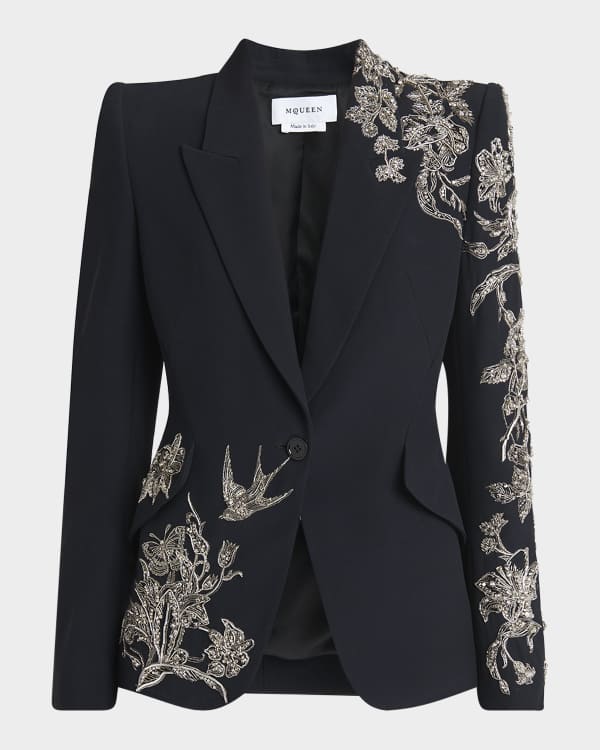 McQueen Peak Shlouder Blazer Jacket with Floral Crystal