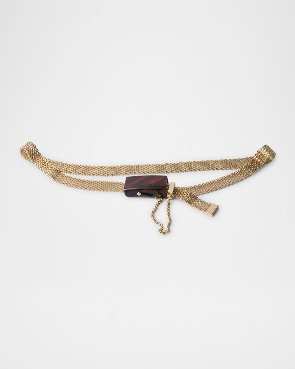 Neiman Marcus Metal Chain Gold Tone Mesh Brown Leather Belt  display picture 3