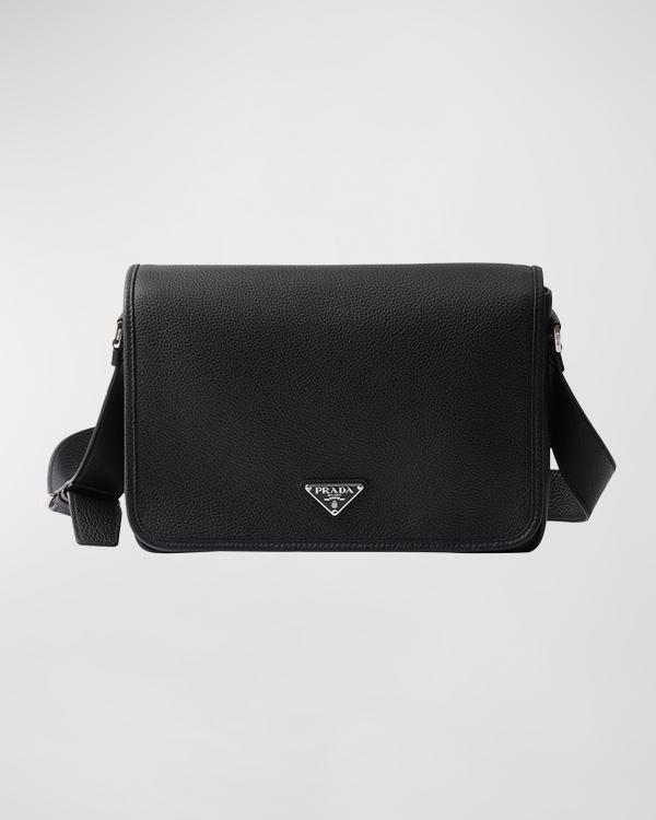 Prada Men's Slanted Leather Shoulder Bag | Neiman Marcus