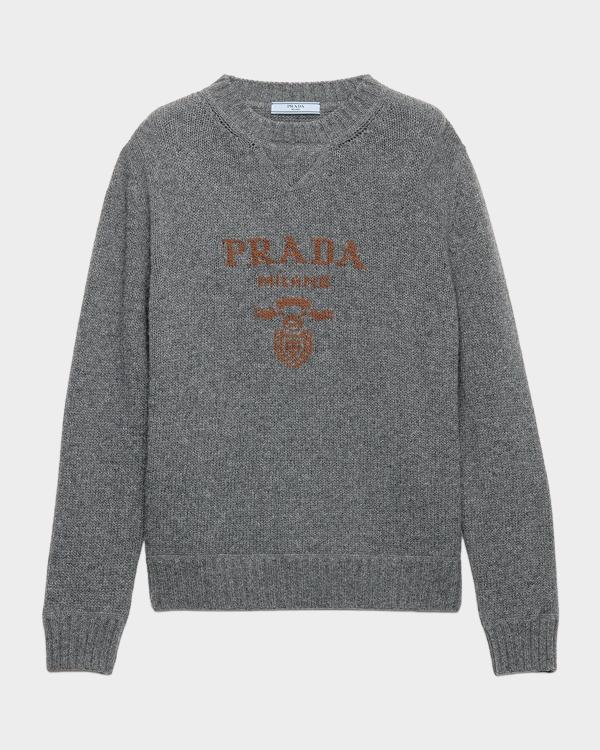 Prada Logo-Intarsia Rib Cropped Silk Sweater | Neiman Marcus