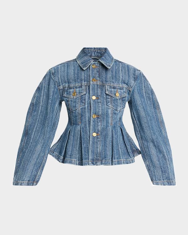 Ganni Organic Floral Embroidered Puffed Sleeve Cropped Denim