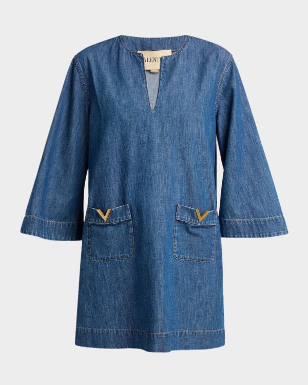 AREA Crystal Button Studded Denim Mini Blazer Dress