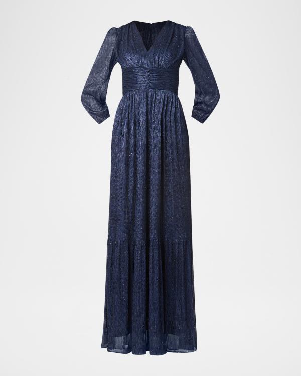 blue lace godet maxi dress Badgley Mischka Collection Pleated Lace-Inset Gown Minimal jewellery Color_Black Express black lace dress Size:S | Terra