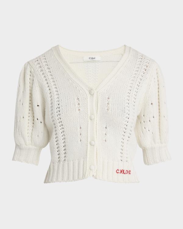 Chloe Logo Heart Wool-Cashmere Crewneck Cardigan | Neiman Marcus